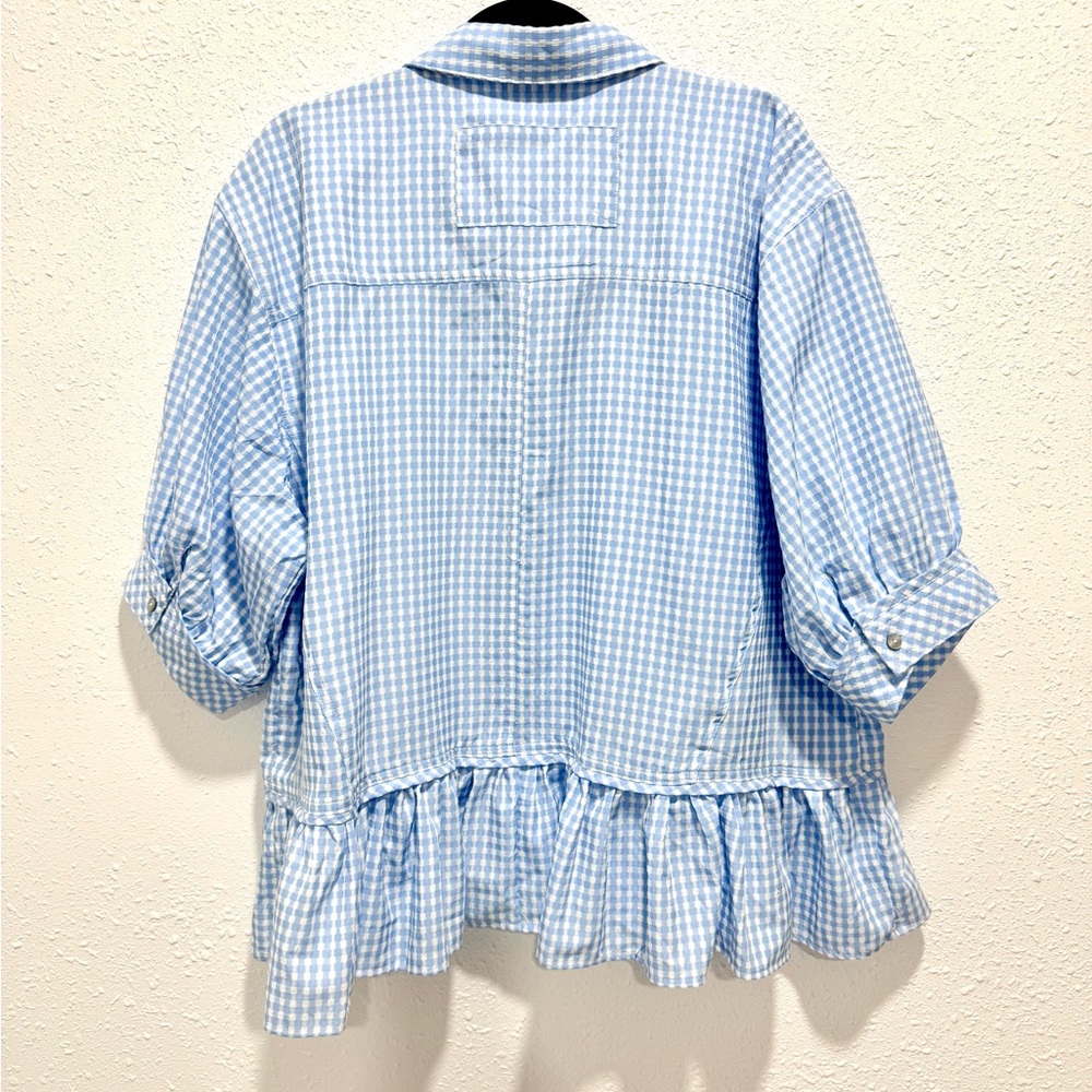 entro Light Blue Gingham Button-Down Ruffle Hem Top XL - Picture 7 of 8
